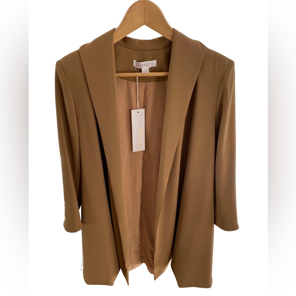 NWT Renuar Brown Tan Nutmeg Blazer Padded Shoulders Open Front Jacket
